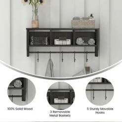 Emma And Oliver Rustic Country Wall Mounted Shelf With 5 Adjustable Sliding Hooks And Three Wire Storage Baskets -HOMCOM Store GUEST bc3f8ae2 be25 4834 ab5b bb746a74dc15