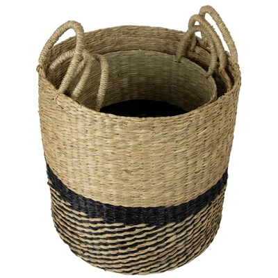 Northlight Set Of 3 Black And Beige Woven Table And Floor Cylindrical Seagrass Baskets 4 Northlight Set Of 3 Black And Beige Woven Table And Floor Cylindrical Seagrass Baskets - Image 2