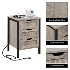 Yaheetech Rustic Side Table With 3 Drawers And Charging Station, Gray -HOMCOM Store GUEST cf957dfe 8b83 410b a099 16c2381943dc