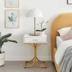 17.75" Rectangular Modern Glam Side Table With Drawer White/Gold - Danya B. -HOMCOM Store GUEST d0c98568 65c8 4c51 b820 e8a3a649f75b