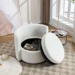 April 33.9" Seat Wide Teddy Upholstered Round Swivel Backrest Chair, Swivel Chairs With Storage Including 3 Pillows-Maison Boucle