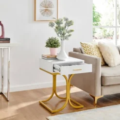 17.75" Rectangular Modern Glam Side Table With Drawer White/Gold - Danya B. -HOMCOM Store GUEST d28c430e 4a5c 4e3e 9597 cd7f3c46f7ec