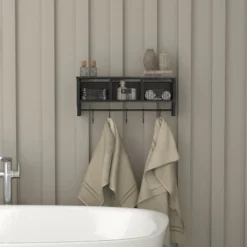 Emma And Oliver Rustic Country Wall Mounted Shelf With 5 Adjustable Sliding Hooks And Three Wire Storage Baskets -HOMCOM Store GUEST d6031d16 bd73 44e2 97c9 28fda2b0b7c2