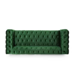Sagewood Contemporary Velvet Tufted 3 Seater Sofa Emerald/Espresso - Christopher Knight Home -HOMCOM Store GUEST da7d69f2 8bf2 4b4a bd05 09744fa197e2