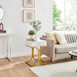 17.75" Rectangular Modern Glam Side Table With Drawer White/Gold - Danya B. -HOMCOM Store GUEST dbc13f70 cd80 4279 b5c5 878aa6ae594e