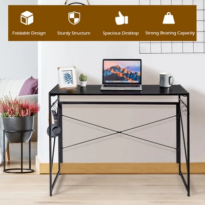 Costway Folding Computer Desk Writing Study Table W/6 Hooks Home Office BlackRustic BrowBrown Natural 6 Costway Folding Computer Desk Writing Study Table W/6 Hooks Home Office BlackRustic BrowBrown Natural - Image 4