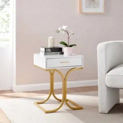 17.75" Rectangular Modern Glam Side Table With Drawer White/Gold - Danya B. -HOMCOM Store GUEST e656dcf5 57c6 4224 8542 9cf6e8065508