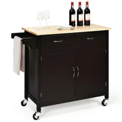 Costway Modern Rolling Kitchen Cart Island Wood Top Storage Trolley Cabinet Utility Brown -HOMCOM Store GUEST eaef5083 c514 4ab5 8a5e 828393506ae1