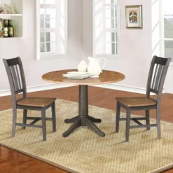 42" Round Dual Drop Leaf Dining Table With 2 Splat Back Chairs Hickory/Washed Coal - International Concepts