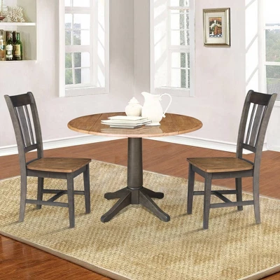 42" Round Dual Drop Leaf Dining Table With 2 Splat Back Chairs Hickory/Washed Coal - International Concepts 3 42" Round Dual Drop Leaf Dining Table With 2 Splat Back Chairs Hickory/Washed Coal - International Concepts