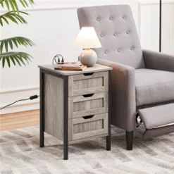 Yaheetech Rustic Side Table With 3 Drawers And Charging Station, Gray
