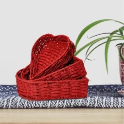 Household Essentials Set Of 3 Nesting Heart Baskets Paper Rope Red