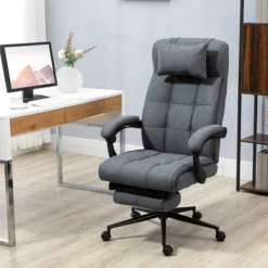 Vinsetto Executive Linen-Feel Fabric Office Chair High Back Swivel Task Chair With Adjustable Height Upholstered Retractable Footrest, Headrest And Padded Armrest