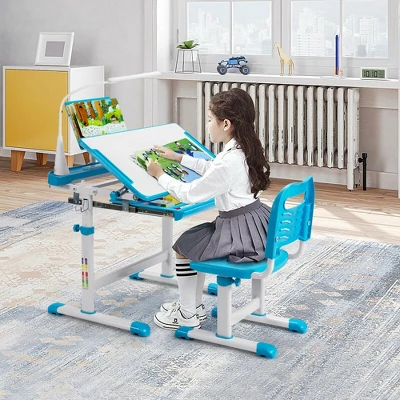 Costway Height Adjustable Kids Study Table And Chair Set W/Bookstand & Light Pink/Light Blue 5 Costway Height Adjustable Kids Study Table And Chair Set W/Bookstand & Light Pink/Light Blue - Image 3