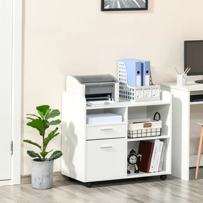 Vinsetto Filing Cabinet Printer Stand Mobile Lateral File Cabinet With 2 Drawers, 3 Open Storage Shelves For Home Office Organization, White 3 Vinsetto Filing Cabinet Printer Stand Mobile Lateral File Cabinet With 2 Drawers, 3 Open Storage Shelves For Home Office Organization, White