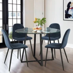 Hana + Spoon 5-Piece Round Clear Glass Dining Table Set With 4 Upholstered Chairs Black Legs For Home Kitchen Restaurant -The Pop Maison -HOMCOM Store GUEST fdee64c6 2748 4852 abe0 18b06dd4312a